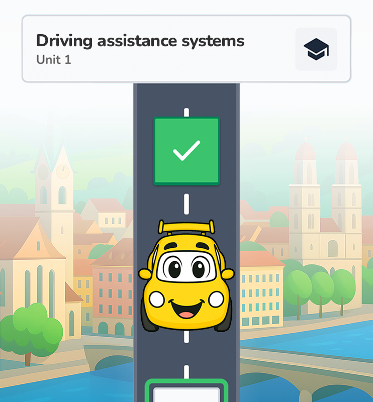 L'écran 'Lesson' de l'applicatiton Fahrli, montrant un chemin d'apprentissage de la théorie du permis de conduire. Chaque stop symbolise une leçon.