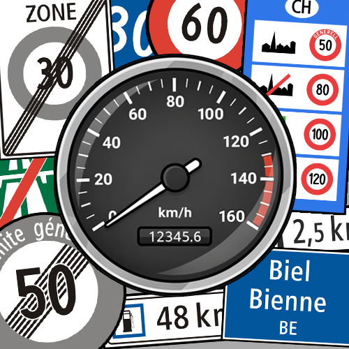 Illustration d'un compteur de vitesse et distance de sécurité pour la catégorie 'vitesse et distances de sécurité' de l'app Fahrli, théorie permis de conduire suisse.